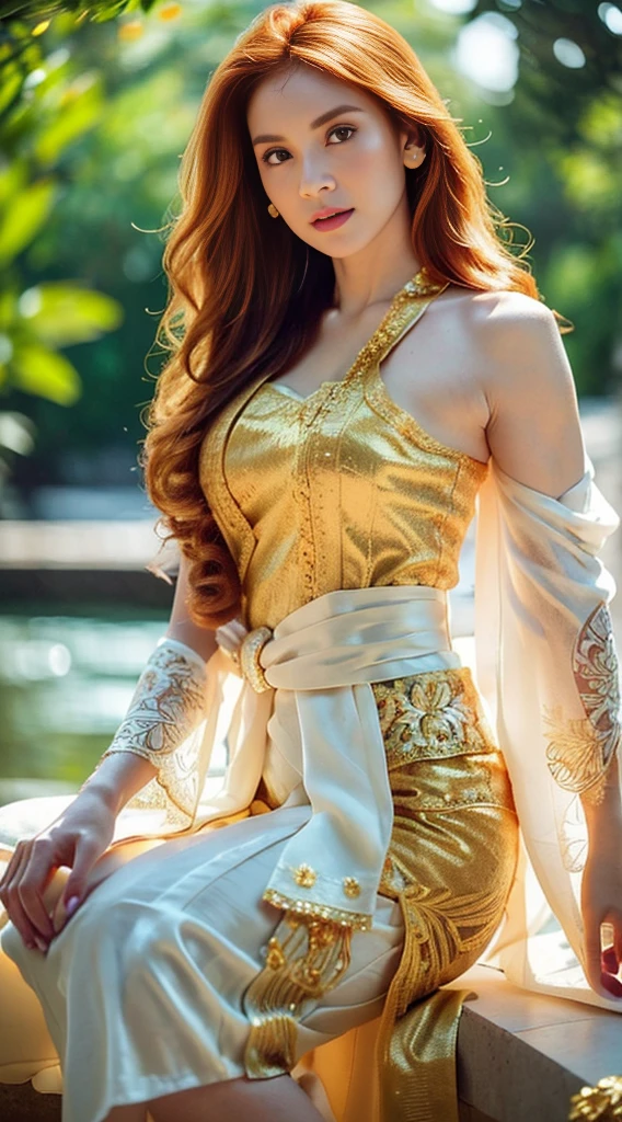 Photorealistic Production, (One Person), (Realistic Image of a 2 British Female Model), (Shoulder-level Wavy Ginger Hair:1.6), (Athletic Body Builds:1.4), (Pale Skin:1.4), (Wearing a White Ornated Kebaya Dress with Silk Cloth and Golden Jeweleries:1.6), (Serious Face), (Deep Cleavage), (Elegant Pose:1.6), Centered, (Waist-up Shot:1.4), From Front Shot, Insane Details, Intricate Face Detail, Intricate Hand Details, Cinematic Shot and Lighting, Realistic Colors, Masterpiece, Sharp Focus, Ultra Detailed, Taken with DSLR camera, Realistic Photography, Depth of Field, Incredibly Realistic Environment and Scene, Master Composition and Cinematography