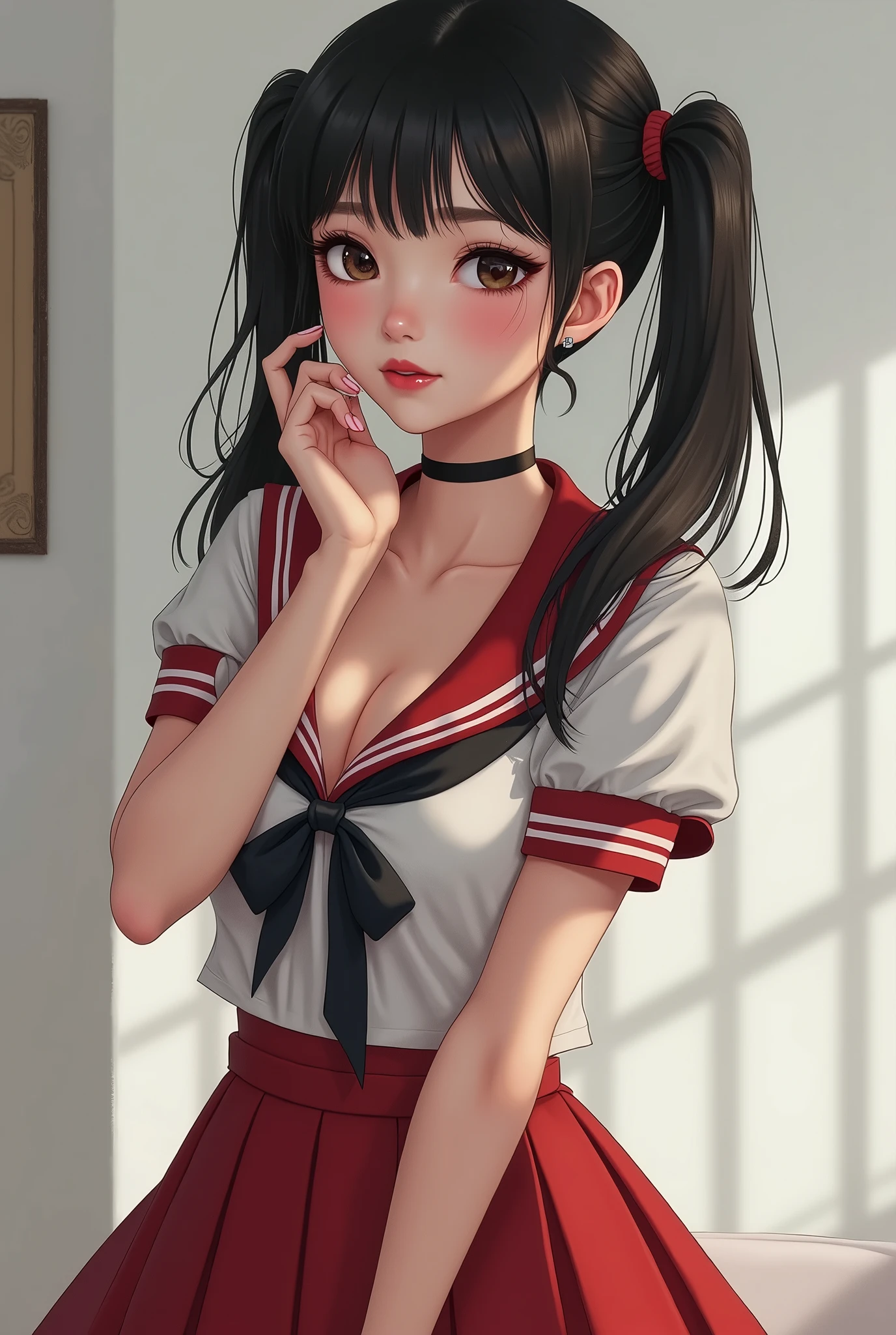 Asian woman in schoolgirl outfit without real panties