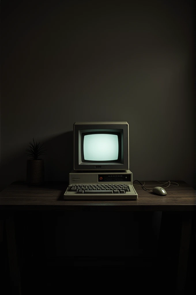 An old computer on a wooden table in dark room front facing

