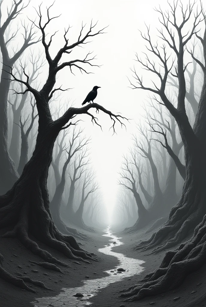 Create a landscape from a dead landscape, with a dry tree in the foreground, on which there is a branch and there is a crow standing on it, In the background a river that advances vertically in the image, with dry and dead trees in the distance, all this with a palette of black and white grey, horizontal image