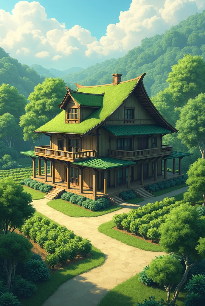 Site with a house in moss green, with the bedroom suite on the second floor, a balcony on the side and back, with a place to raise poultry and for the orchard and vegetable plantation.