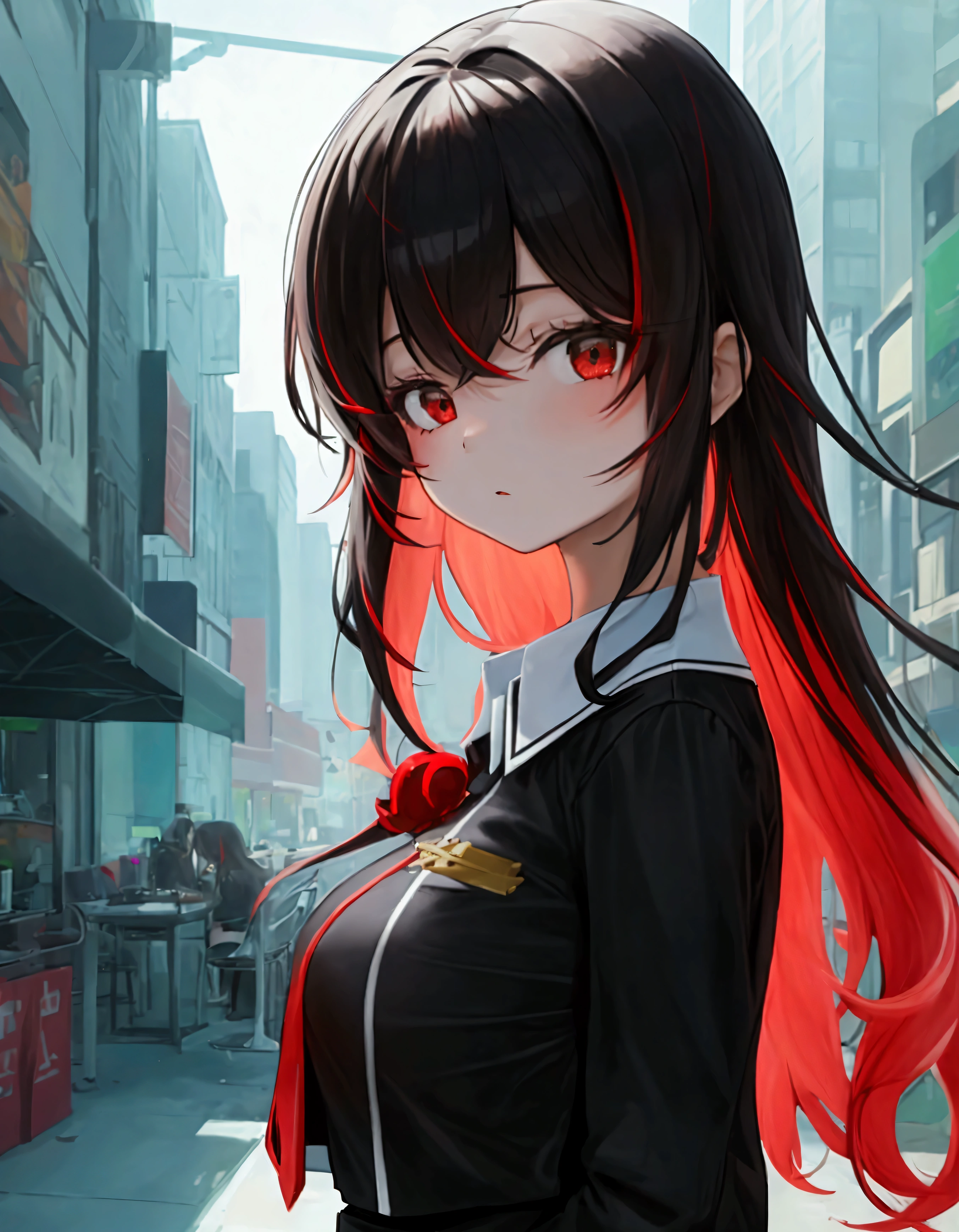 Highest quality masterpiece High resolution One Girl Hair color: black on the front and red on the back Long Hair (Big Tits) uniform (Pick up a mini skirt) lure City