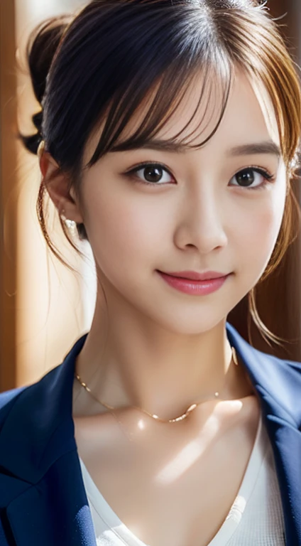 (((32k,Attention to detail,High resolution、masterpiece,Attention to detail,Excellent photography、alone))),RAW Photos & Realistic atmosphere,like々beautiful先生、mature、beautiful切れ長の眼、Sparkling eyes、Details of the tear trough,shiny thin lips,Thin eyebrows,Soft white skin that shines in every detail、Detailed eyes、black eye,とてもbeautiful 、薄くbeautiful唇、とてもbeautiful face,Very well-formed face、A vivid face,beautiful, Glistening lips, とてもbeautiful22歳 ,Intellectual beauty、2 beautiful teacher,Medium length brown shiny hair,,(Looking into the camera:1.4),(Put a spotlight on your face、strike),(sexy,Healthy and toned body,skinny、Tight waist、Navy Blue Suit、細くbeautiful脚、New High School Teacher、まだlikeい、Object of admiration of schoolboys、Put your hair up、Stylish necklace、Ultimate beauty、Impression of vulnerability、Narrow shoulders、bangs、Natural smile、Talented and colorful、