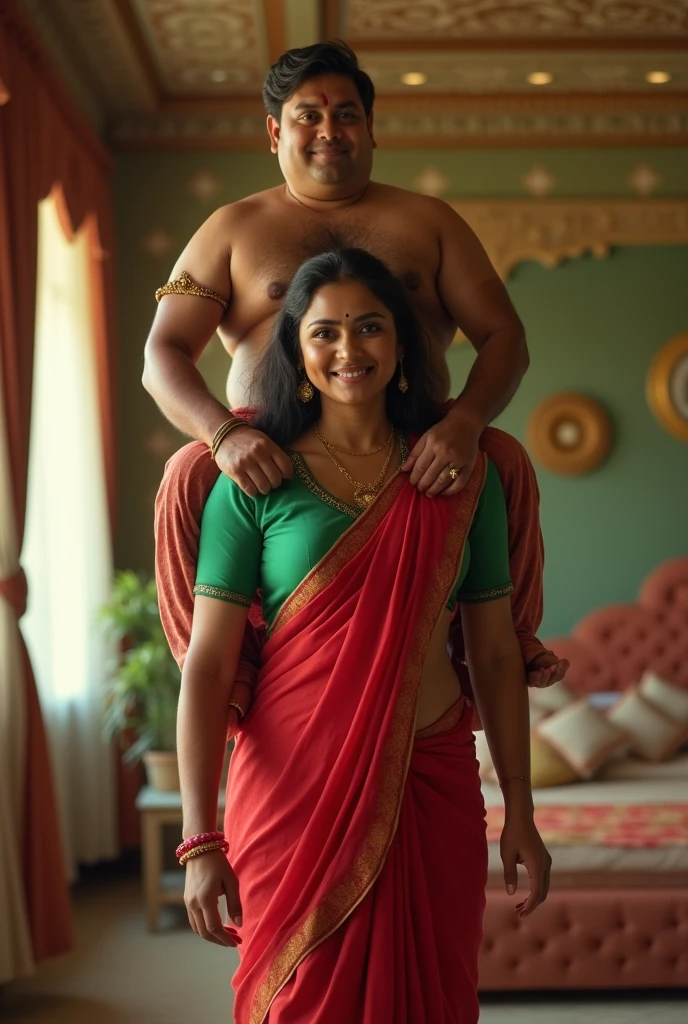 Beautiful and Slim Indian woman in green blouse red saree lifting a large chubby man above her shoulders, man is sitting on woman's shoulders, in a bedroom with high ceiling, natural smile, woman is looking into the camera , full body image