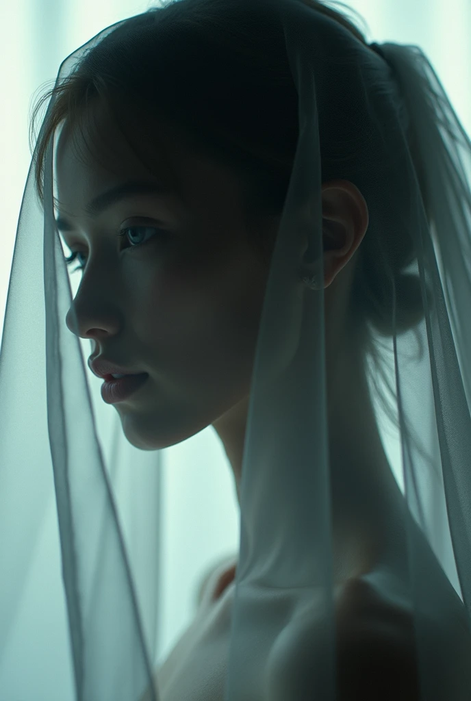Make a silhouette or shadow of a face with a translucenf veil partially covering it. The veil must have flowing wavy lines that looks like moving. Only a hint of smile is visible 
