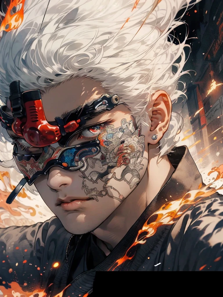 realisticlying,(tmasterpiece,top Quority,best qualtiy,offcial art,Beauty and aesthetics:1.2),The is very detailed,s fractal art,Colorful,Most detailed,zentangle,(abstract backgrounds:1.5)(1boys:1.3),Kamimei,White color hair,short detailed hair,(luminous red eyes),mistic,(magie),flame,Handsome man
