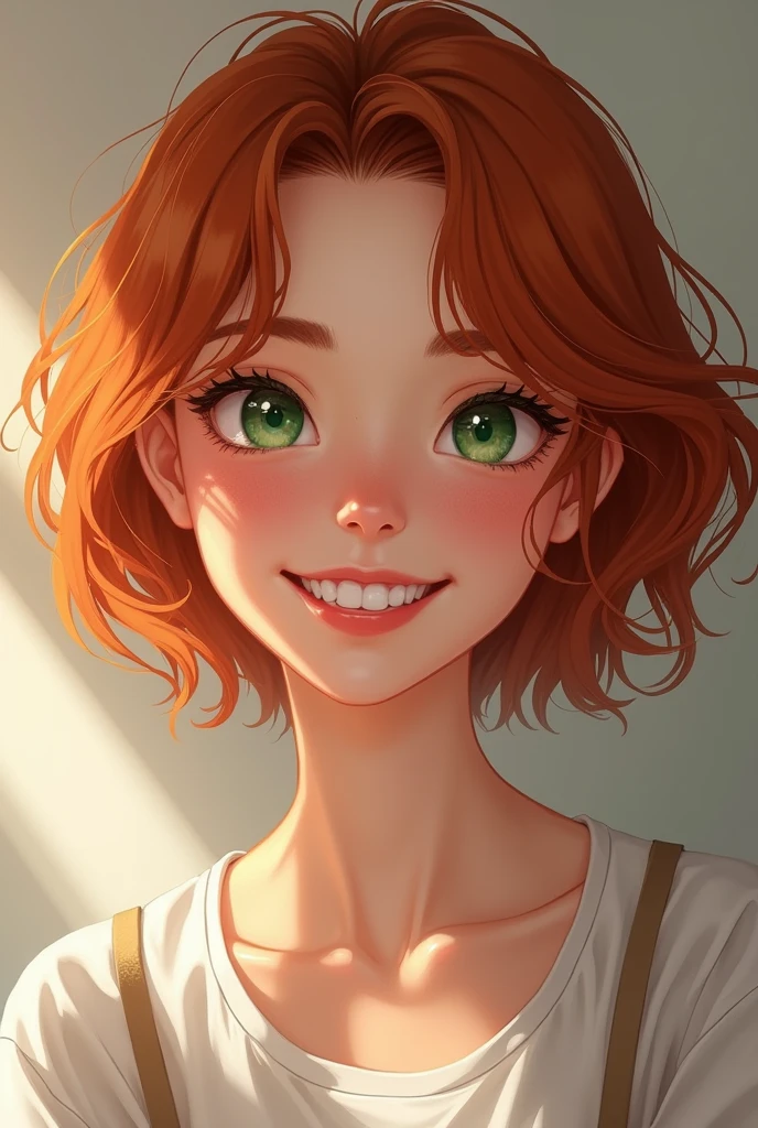 Beautiful 1 high school girl, short and wavy natural red hair, soft rosy lips, peachy skin, light freckles, emerald eyes, a happy expression. Photo realistic. Portrait.