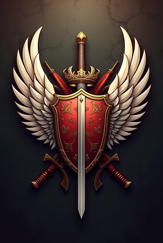 Create a logo for an rpg guild containing a shield with a katana and a sword going through the shield and the shield should have wings and a crown. with a lot of emphasis on the katana and the sword