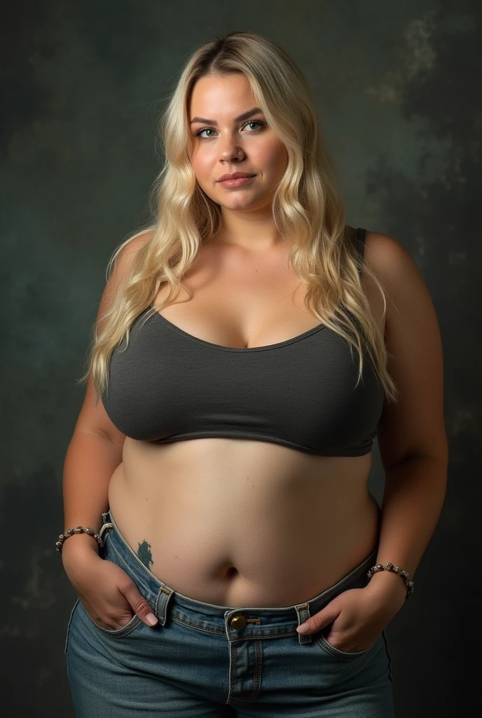A 2 obese fat pale blonde blue eyed woman wearing a trashy crop top in the bondage rope