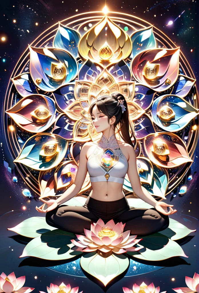 universe space、Stars twinkle in the night sky、Mystical mandala in the background。
Woman doing yoga、Chakra light、Lotus flowers are in full bloom。Delicate and mysterious art。

