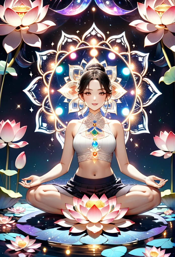 universe space、Stars twinkle in the night sky、Mystical mandala in the background。
Woman doing yoga、Chakra light、Lotus flowers are in full bloom。Delicate and mysterious art。