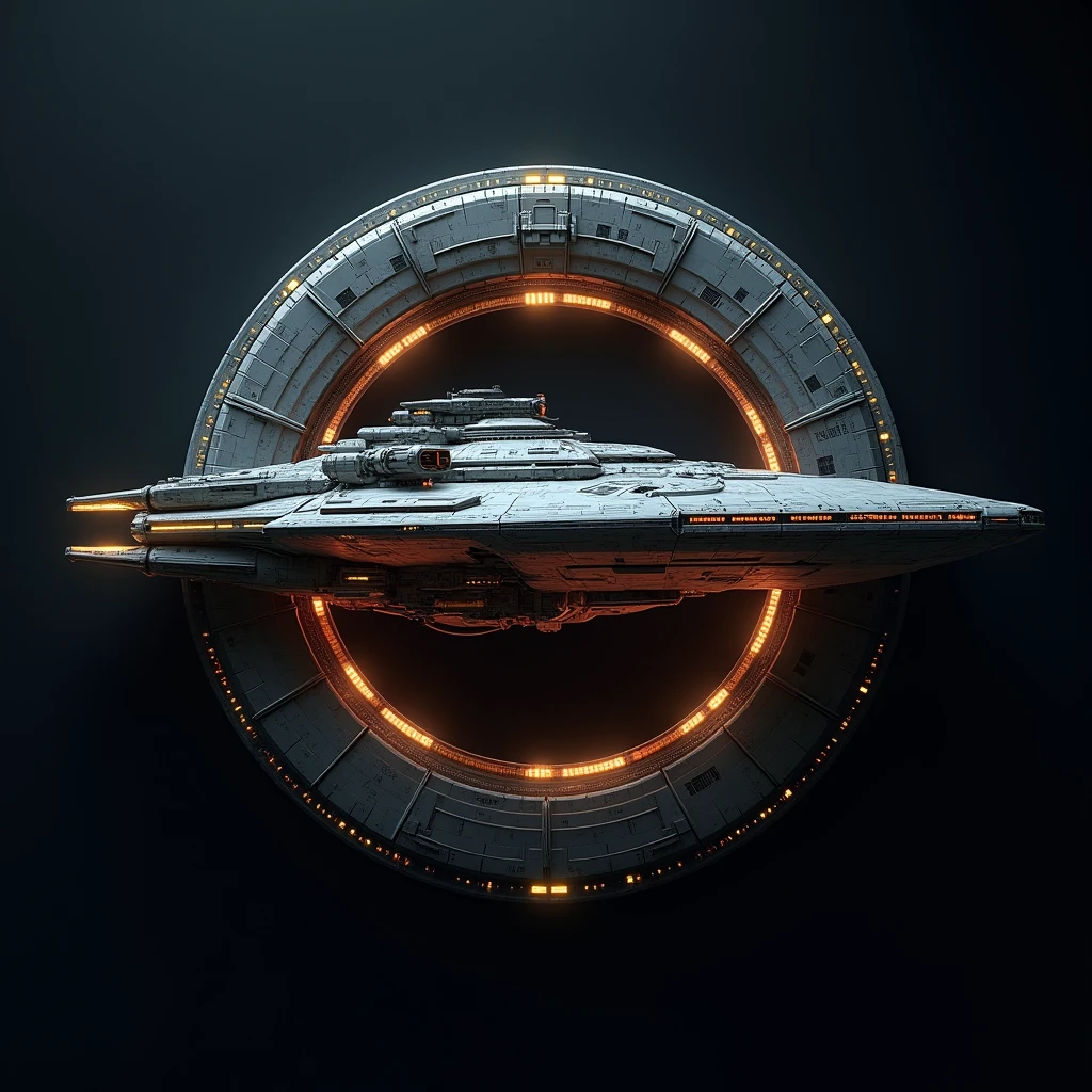 The space warship has a ring around the sides of the ship in the middle of the ship.