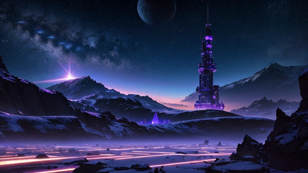 ((masterpiece)),((Highest quality)),((High Detail)),nobody,background, sf, Space Station, Multiple planets, Blue and purple light, Ice and desert, Mysterious Tower