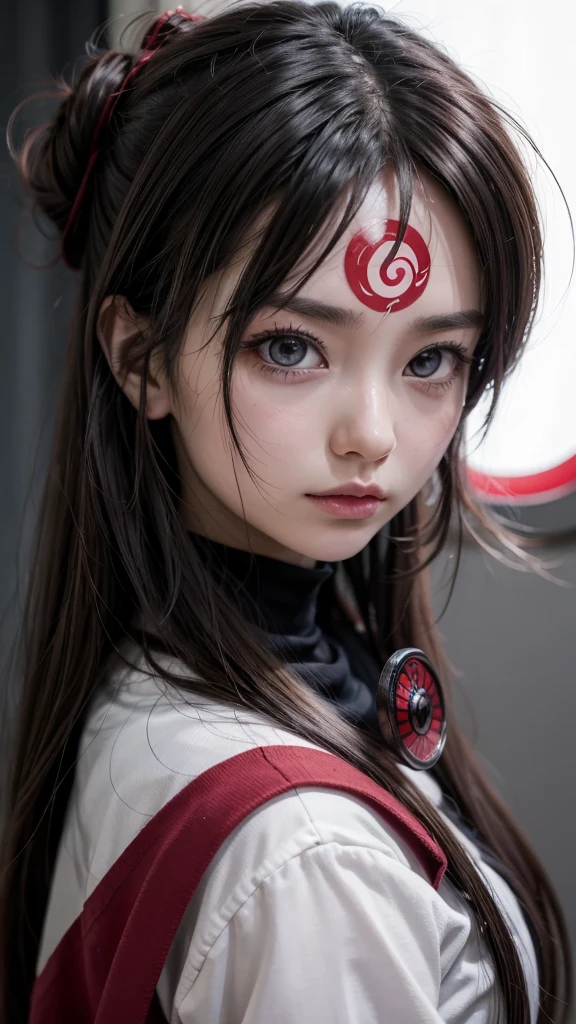 Kizi, with Sharingan activated, anime style image, with white long hairs
