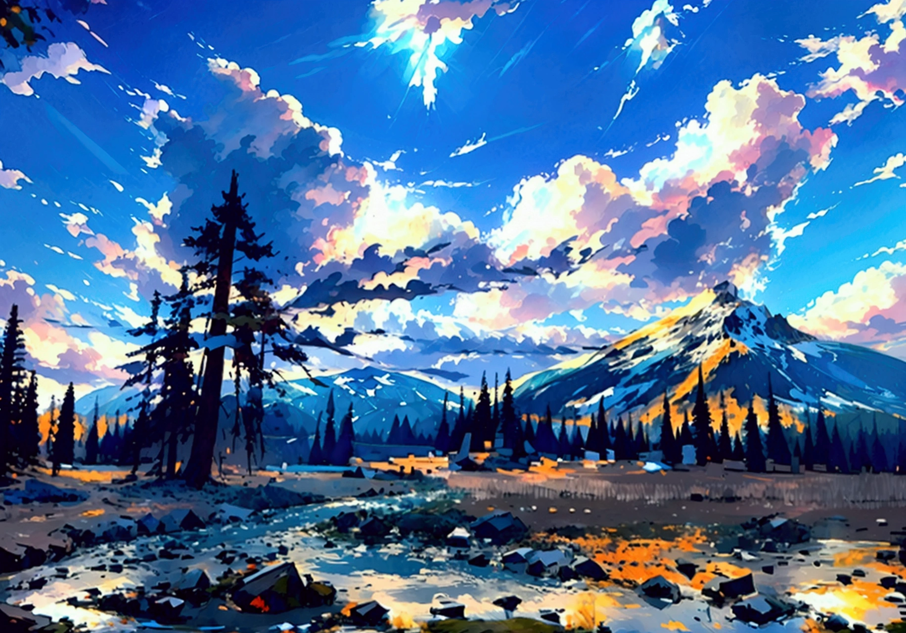 Majestic mountain views, Snow-capped peaks, Lush forest, Rushing waterfalls, Dramatic Lighting, Film composition, Vibrant colors, photoPractical, (best quality,4K,8K,high resolution,masterpiece:1.2),Extremely detailed,(Practical,photoPractical,photo-Practical:1.37),Detailed rocks and terrain, Sky and clouds, Calm lake reflecting the mountains, Wildlife in the foreground, Adventure explorer hiking through the scene