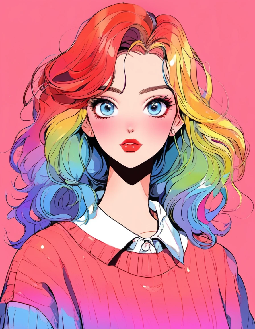 anime ,realistic ,sketch , 1 girl, blue shining eyes,glossy lip, sweater,collared shirt、order, red gradient background, neon hair,textured crop, Canadian , (masterpiece,highest quality,rainbow style)