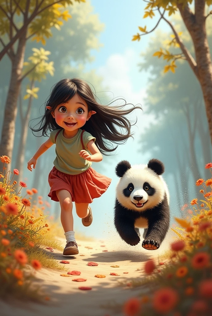 A girl runs chasing a panda drawn in pencil