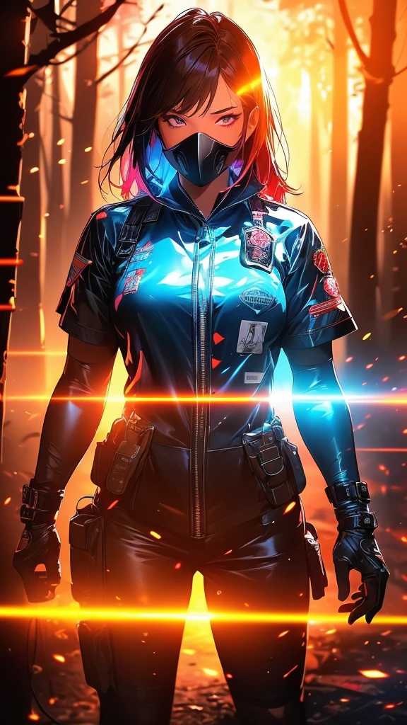 (a female firefighter in a luminescent neon suit,detailed realistic firefighter uniform,firefighter mask,burning forest in the background,double exposure effect,hyperrealistic character,explosive color scheme with high-temperature colors,fine fragmentation effect,dark saturated colors,high-quality digital oil painting,luminescent neon outlines,luminous color palette,complex multi-layered design,step-by-step double exposure layers,cinematic lighting VFX,vibrant colors,photorealistic,concept art style,8K,HDR,physically based rendering,extreme detail,blur,depth of field,blurred foreground)
