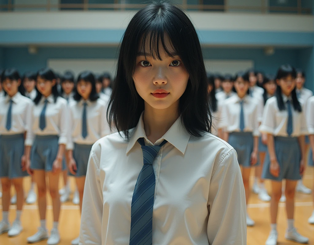 (Japanese Clone-girls=Myself), (Super Best masterpiece Clone-girls Raw Photography Art), (16K, Highest quality, Ultra-high resolution, RAW Photos), (It's so unrealistic., With unparalleled depiction, With an unfathomable sight, An unprecedented and shocking worldview, Clone-girlsMassive proliferationの世界で, Ultra-realistic), (Japanese Girls, 16yo, Small face, Thick black hair, long hair, Dark Eyes, Mature face, かわいいsmile, Smiling face, A gentle gaze, Very pleasant look), (Very beautiful detailed girls, Accurate body structure, Accurate body movements, Very detailed body, (Super big breasts, Large bulge of ample breasts)), (Schoolgirl uniform, Short sleeve, mini skirt, Emphasise the fullness of your breasts), (Very detailed, Myself cloning, Depiction of splitting oneself, 1Myself girl→1,000,000,000,000,000,000,000,000,000,000Myself cloning girls), (Very detailed and intricate, Myself's body is multiplying, A perfectly matched depiction, (In the same female body,With the same face, With the same hairstyle, In the same clothes, At the same height, 同じSuper big breasts), Massive proliferation), (Myself girls only), Academy, gym, stage, academic level, Commemorative photo depiction, Group photo, Tiered stage photography, smile, Front view