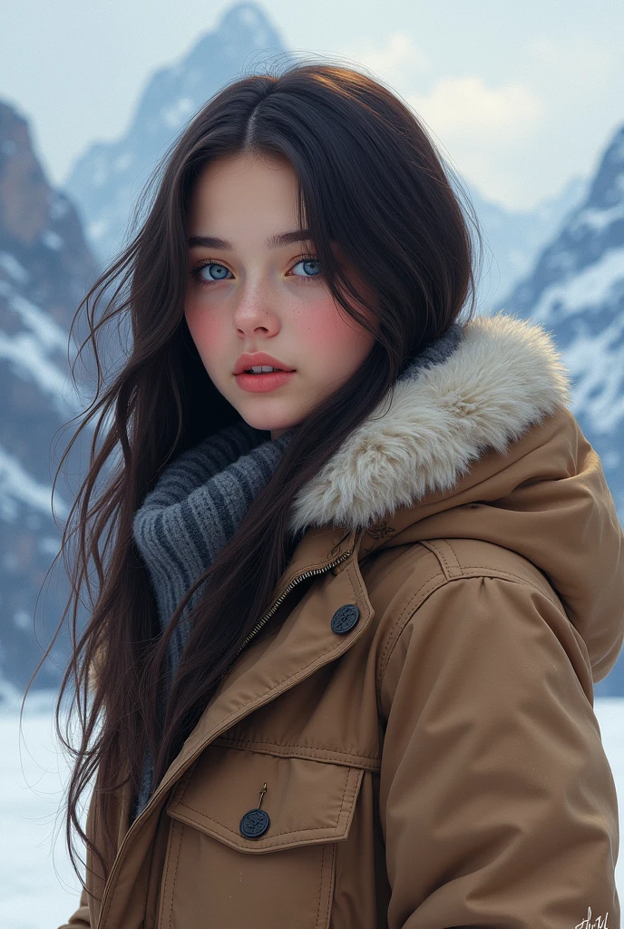 realistic dream painting style, beautiful young happy very beautiful girl, blue charming eyes, sophisticated face, brown black long hair, winter warm jacket, black panties, mountains (airbrush painting, detailed style), soft lighting, 8k