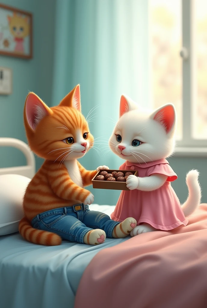 a brown cat wearing blue jean layin on the bed inside the hospital. He broke his right leg, and got plaster on it, and white cat in pink frock brings chocolates for him