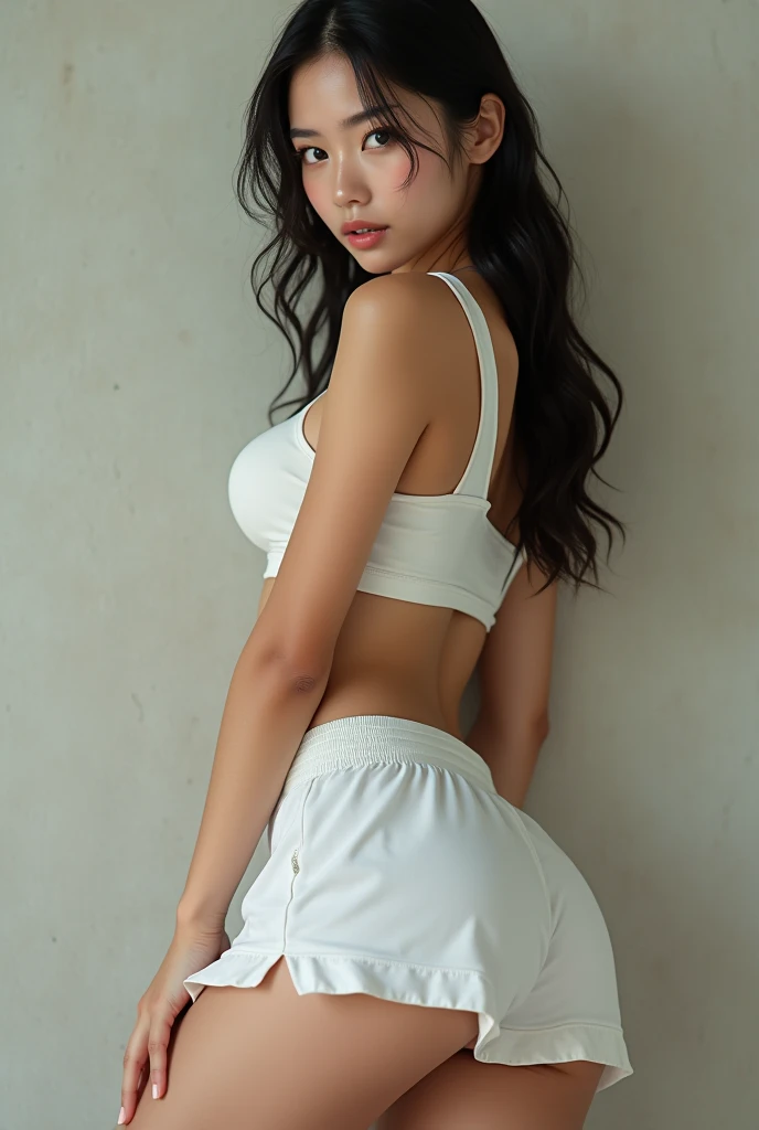 Highest quality, masterpiece, Ultra-high resolution, (Realistic:1.4), Raw photo, One person, The most famous Japanese idols, Wearing only a tennis uniform, Upturned buttocks, Very cute face like the most popular Japanese idol, very beautiful big eyes, Very beautiful hair, Very beautiful skin, Very beautiful long eyelashes, Very beautiful lips, Very beautiful body, Very beautiful thighs, An innocent smile, Dynamic Pose, Tough track and field uniforms、Accentuates the chest and lower body、The lower half of the body has the shape of a female genitalia.、There is a problem with one breast sticking out from the upper body.