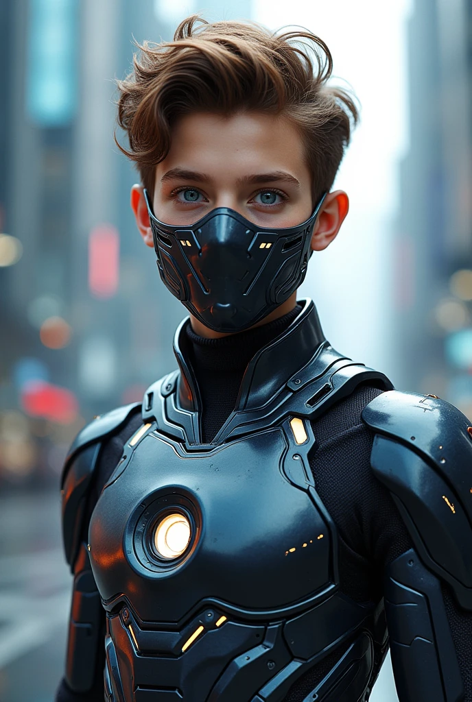 A 17 YEAR BOY WITH BROWN HEARS WITH HUNTER BLUE EYE SUPERHERO nenotech suit
Change the suit and add full face mask