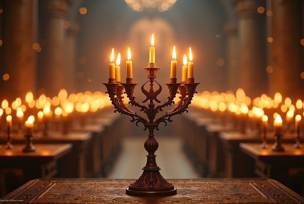 Create a horizontal image of a Jewish tabernacle candelabra with many small candelabras in the background