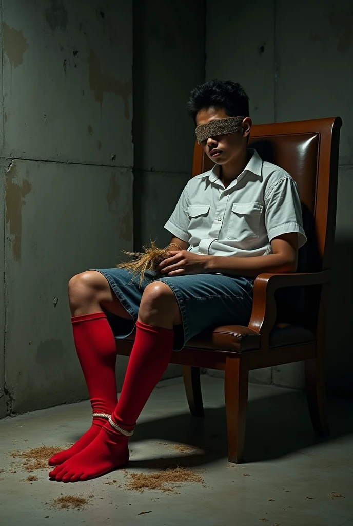 There is a handsome boy named Zarul tangan,feet in red socks tied to a chair and eyes covered with a cloth A man tickles the soles of his feet with a feather