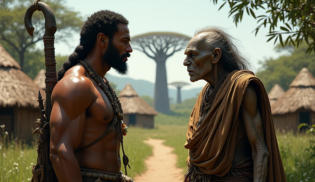 an African hunter confronting an old witch in a village of huts