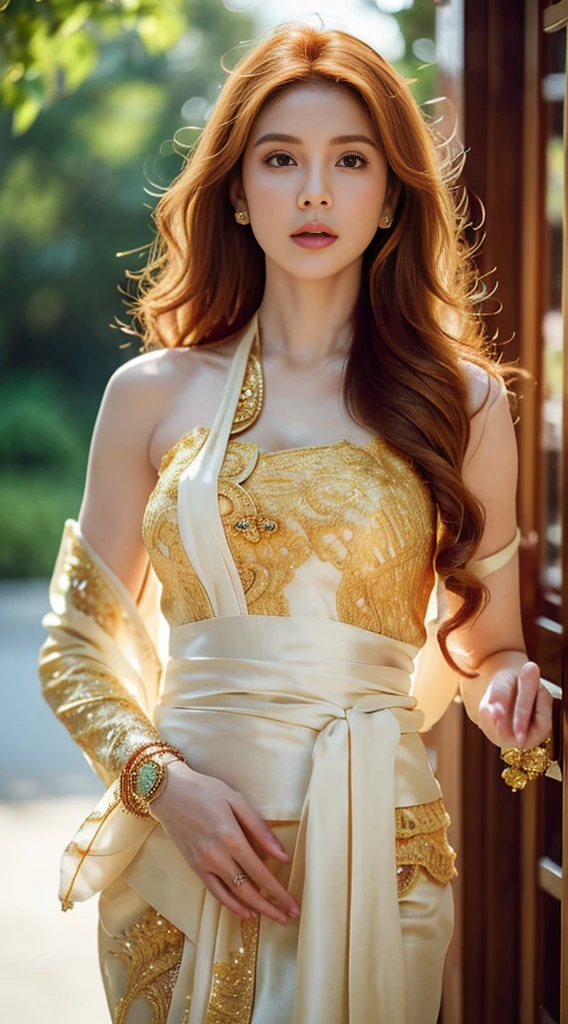 Photorealistic Production, (One Person), (Realistic Image of a 2 British Female Model), (Shoulder-level Wavy Ginger Hair:1.6), (Athletic Body Builds:1.4), (Pale Skin:1.4), (Wearing a White Ornated Kebaya Dress with Silk Cloth and Golden Jeweleries:1.6), (Serious Face), (Deep Cleavage), (Elegant Pose:1.6), Centered, (Waist-up Shot:1.4), From Front Shot, Insane Details, Intricate Face Detail, Intricate Hand Details, Cinematic Shot and Lighting, Realistic Colors, Masterpiece, Sharp Focus, Ultra Detailed, Taken with DSLR camera, Realistic Photography, Depth of Field, Incredibly Realistic Environment and Scene, Master Composition and Cinematography