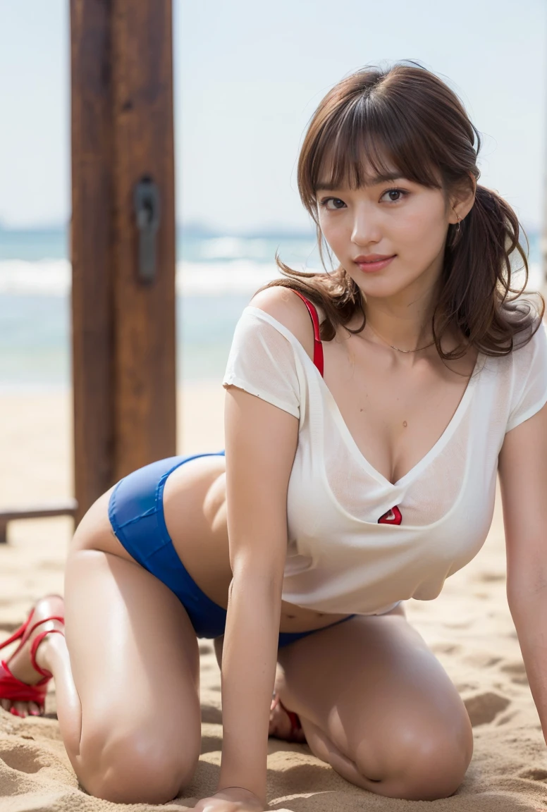 Top Quality, Soft Light, (Depth of Field), Ultra High Resolution, (Photorealistic: 1.4), RAW Photo, (Portrait: 1.4), (Frontal)
1 Japan girl, Solo, Cute, (shy, smile:1.1), (brown eyes), detail beautiful face, white lingerie, full body, sea, beach, black hair short, wet body, spread legs