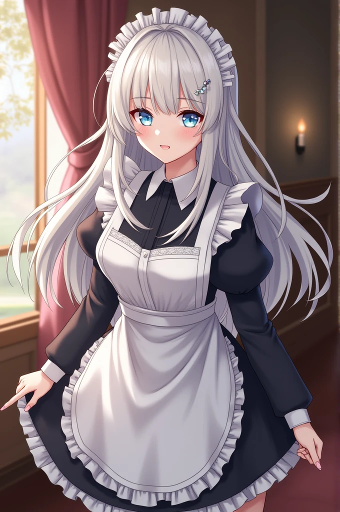 The girl is wearing maid outfit.she has white hair and blue eyes 