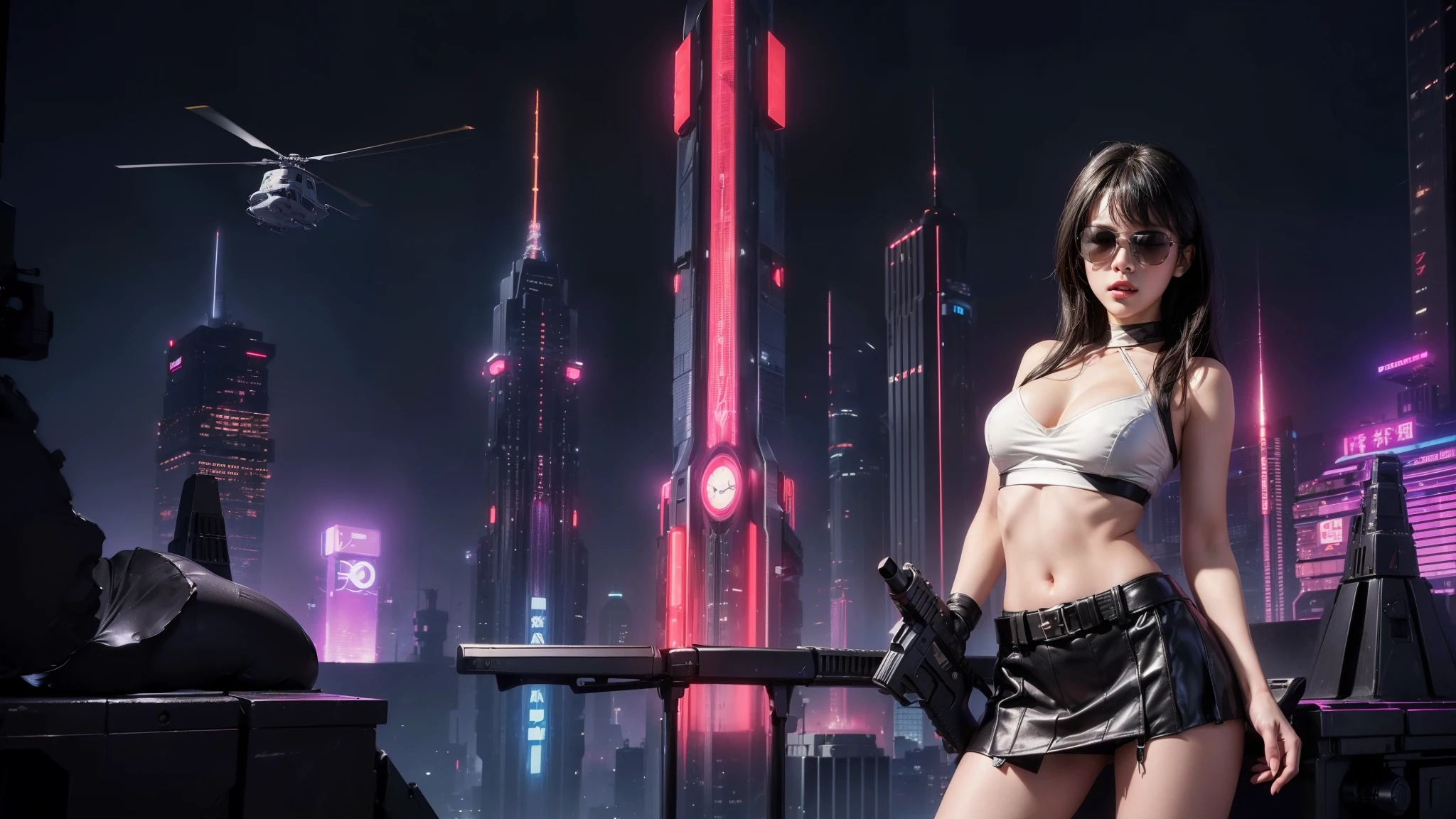 (Wide angle view). Blade Runner style futuristic city, simple outlined transparent neon tall buildings, glowing giant clock tower, flying cars, helicopter, lightning, 3D rendering Beeple. At night, (1girl, solo, alone), photorealistic, medium-breast slim:0.6 body, oval:0.6 face, cleavage:1.1, sexy black laced bra, glove, deep-V, (very low angle view of miniskirt), white laced panty, coat, (Matrix style black micro sunglasses), ((aiming viewer with a short gun)), (running pose), (half-body thigh level close-up shot), cinematic lighting, ray tracing.