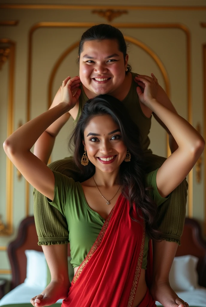 Beautiful and Slim Indian woman in green blouse red saree lifting a large chubby man above her shoulders, man is sitting on woman's shoulders, in a bedroom with high ceiling, natural smile, woman is looking into the camera , full body image