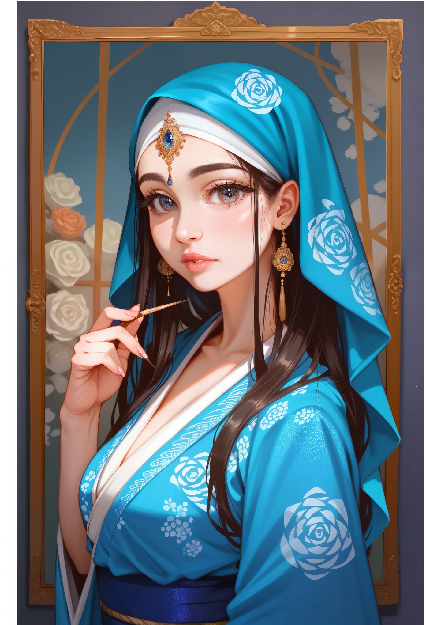 a beautiful arabic woman wearing a silk kimono robe, detailed silk hijab, posing for a photo, wearing a blue silk kimono robe, extremely detailed colorful and light kimono, beautiful ornate kimono, elegant arabic woman, beautiful detailed eyes, beautiful detailed lips, extremely detailed eyes and face, long eyelashes, intricate kimono pattern, beautiful arabic woman portrait, (best quality,4k,8k,highres,masterpiece:1.2),ultra-detailed,(realistic,photorealistic,photo-realistic:1.37),HDR,UHD,studio lighting,ultra-fine painting,sharp focus,physically-based rendering,extreme detail description,professional,vivid colors,portraits,photography