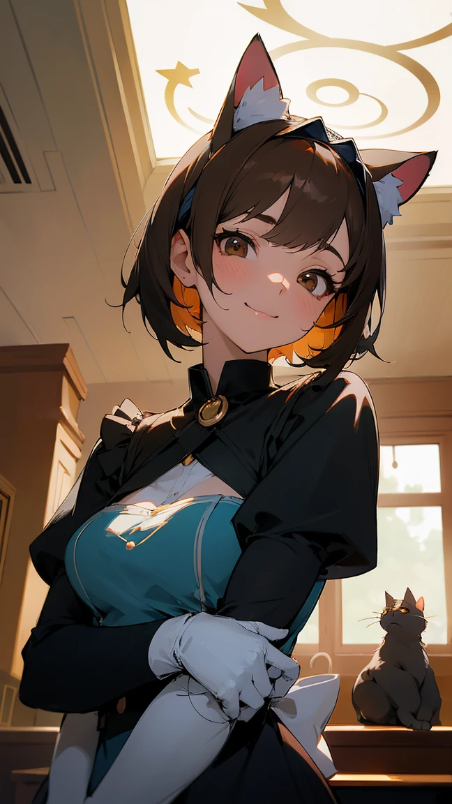 masterpiece, best quality, absurdres, score_9, score_8_up, score_7_up, source_anime, 1girl, deep brown eyes, room, wariza, medium hair, pixie bob haircut, black hair, happy face, portrait,, starshadowmagician, solo, Adult woman, best perfect anatomy, Pose with hands tucked behind ears, Cheek resting on hand, cafe, indoors, window, crowd, standing, steam, looking at viewer, cat ears headband, Maid clothes, Long-sleeved, white format gloves, dynamic angle. perfect dynamic composition, upper body, smile, Shooting up close, Shooting from the side, hanging light, ceiling light, Cinematic lighting, potted plant, background: cafe,