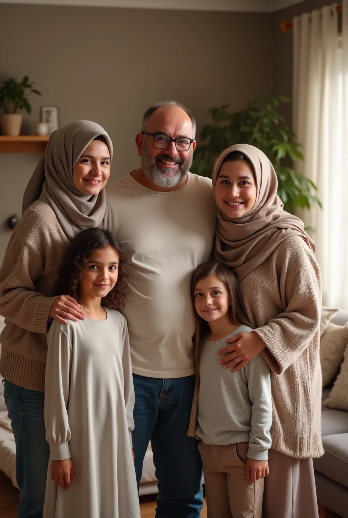 Take HD photos in the family room with a warm and homely background. The photo shows a man with a slightly plump body., standing with a 2 woman who wears a hijab and also has a slightly fat body. They are surrounded by two small children: a girl wearing a hijab and a boy. Real original photo