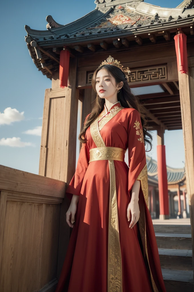 (((best quality))),(((ultra detailed))),(((masterpiece))),illustration, 1girl, beautiful, standing, square, October, sunny, autumn, Chinese-style palace, background, red dress, embroidery, long hair, delicate face, bright eyes, wonder, vibrant colors, activity, people, chat, laugh, fallen leaves, changing foliage, blue sky, white clouds, architectural marvel, grandeur, majesty, intricate details, roof, towering columns, ornate doors, small, tall, confident, beauty, grace, contrast, red dress, golden hues, tradition, modernity, vibrant energy, youth, timeless beauty, magic, wonder, elegance, refinement