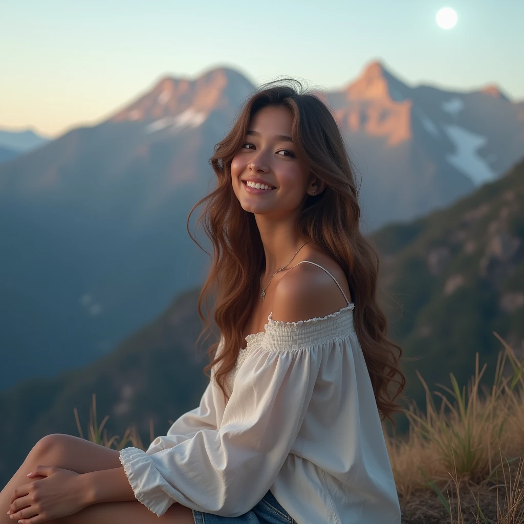 1girl, outdoors, depth of field, perfect quality, photorealistic, long hair, brown hair, smile, shirt, sleeveless, shoulder off shoulder, long sleeves, denim skirt, sitting, view from side, mountains in moon. thre is a earth behind her in  the space.