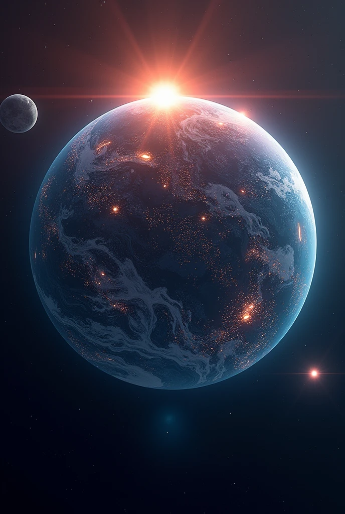 Create a super earth planet, with 2 suns and abundance of bioluminescent organisms, perfect condition to be life supporting 
Make it a view from space