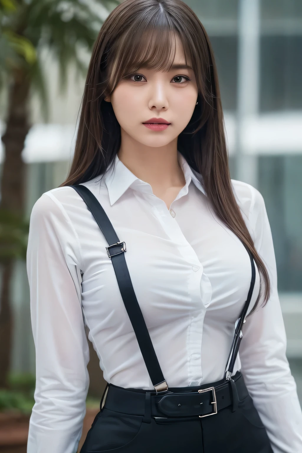 a woman in a suit, belt, hands behind back, sweating, suspenders, black pants, sexly, large breasts, see-through clothing, rain, detective, office worker, white button-up shirt, (best quality,4K,8k,highres,masterpiece:1.2),ultra-detailed,(realistic,photorealistic,photo-realistic:1.37),hyper-detailed,highly detailed face and body, Slender thin suspenders Moderate breasts See-through shirt Nipples holster chain Pistol Armament criminal Female criminal knife