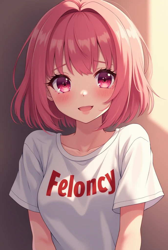 soft cutesy anime girl that has a shirt that says felony