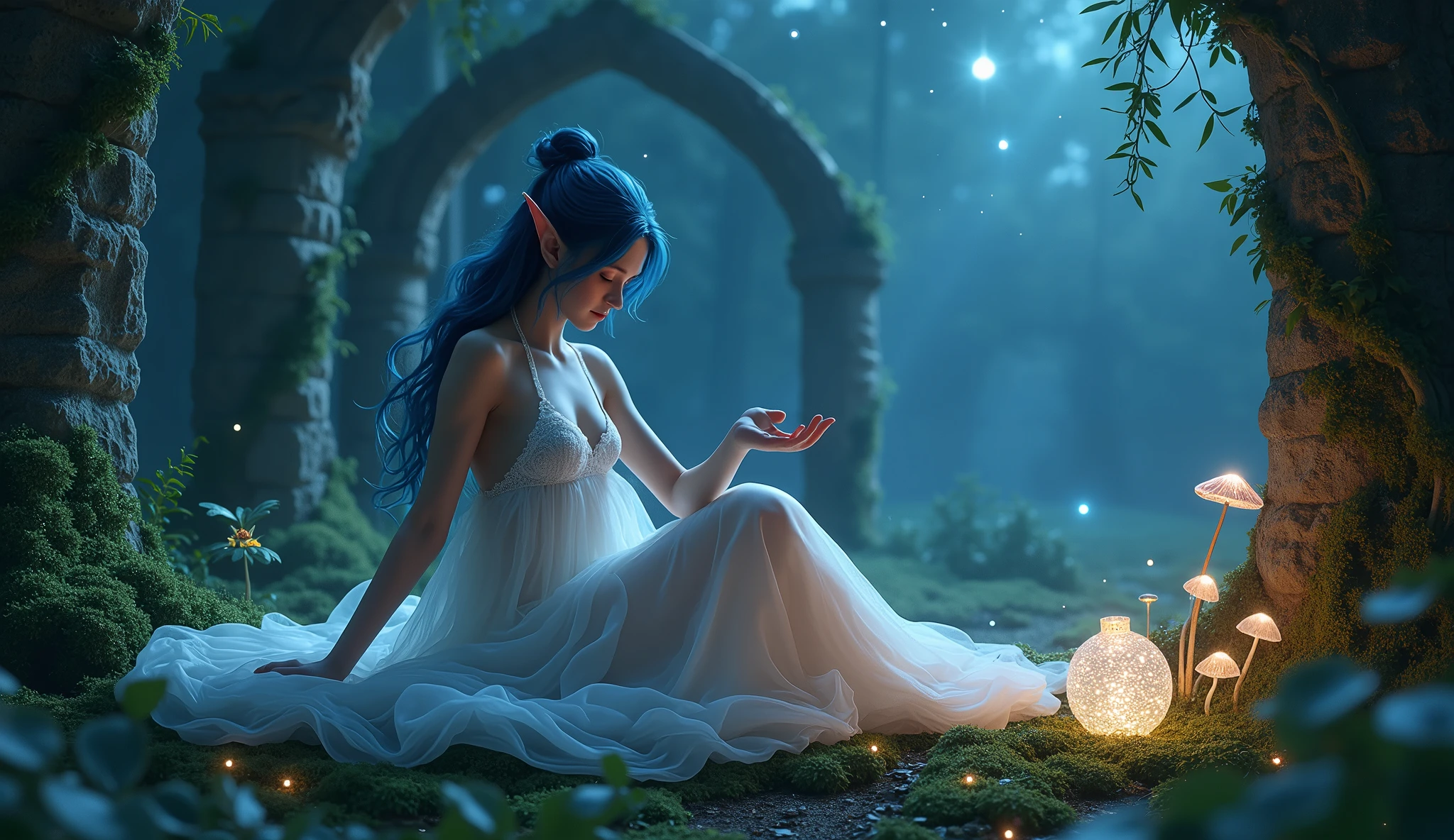 Setting: A tranquil forest clearing under a starlit sky, with a soft, glowing mist hovering over the ground.
Description: A seductive elf with deep blue hair and luminous eyes, wearing a translucent gown that flows like water. She sits on a bed of soft moss, surrounded by glowing mushrooms and small, floating lights. Her posture is relaxed, one hand delicately touching a glowing crystal orb. Her elegant, pointed ears and ethereal beauty exude a sense of otherworldly allure. The background features ancient stone ruins entwined with vines, with the stars twinkling above, creating a peaceful and mystical ambiance perfect for relaxation and tranquility. Aim for realistic depiction, make sure photos are at highest resolution (8K)