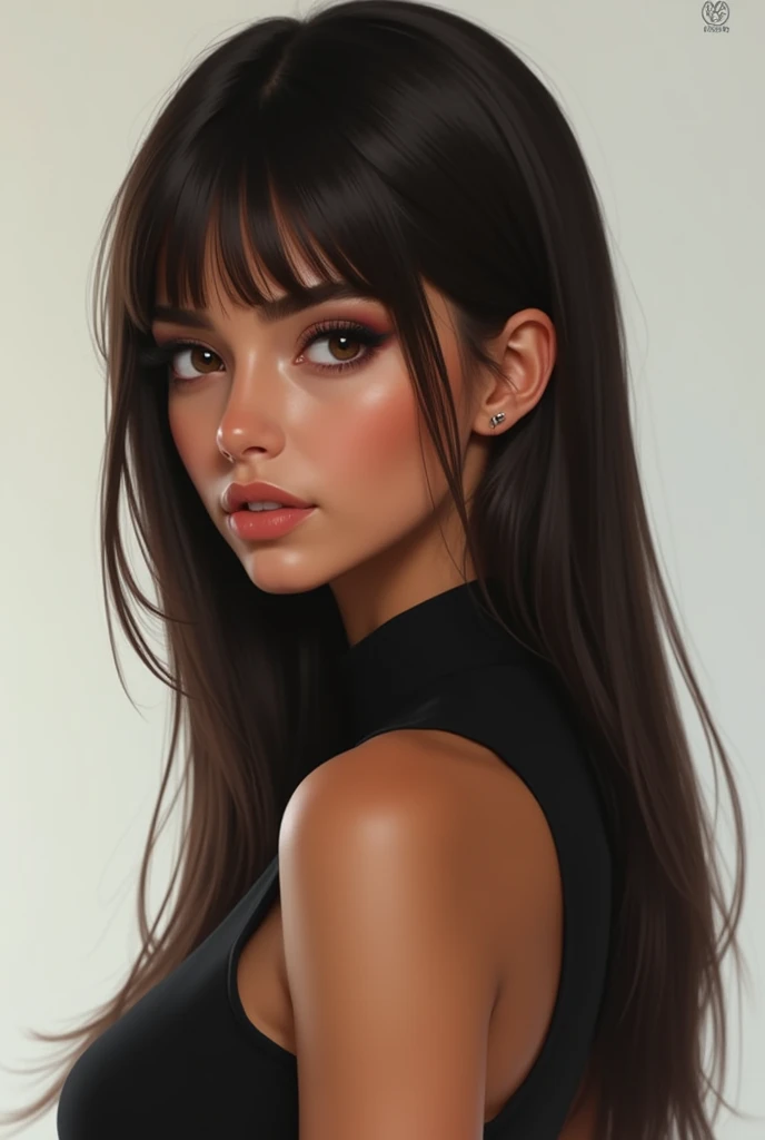 A tall woman of 1,85 with brown skin and straight hair as an adult, com os olhos castanhos. stylish, but with a realistic appearance, and without cleavage.