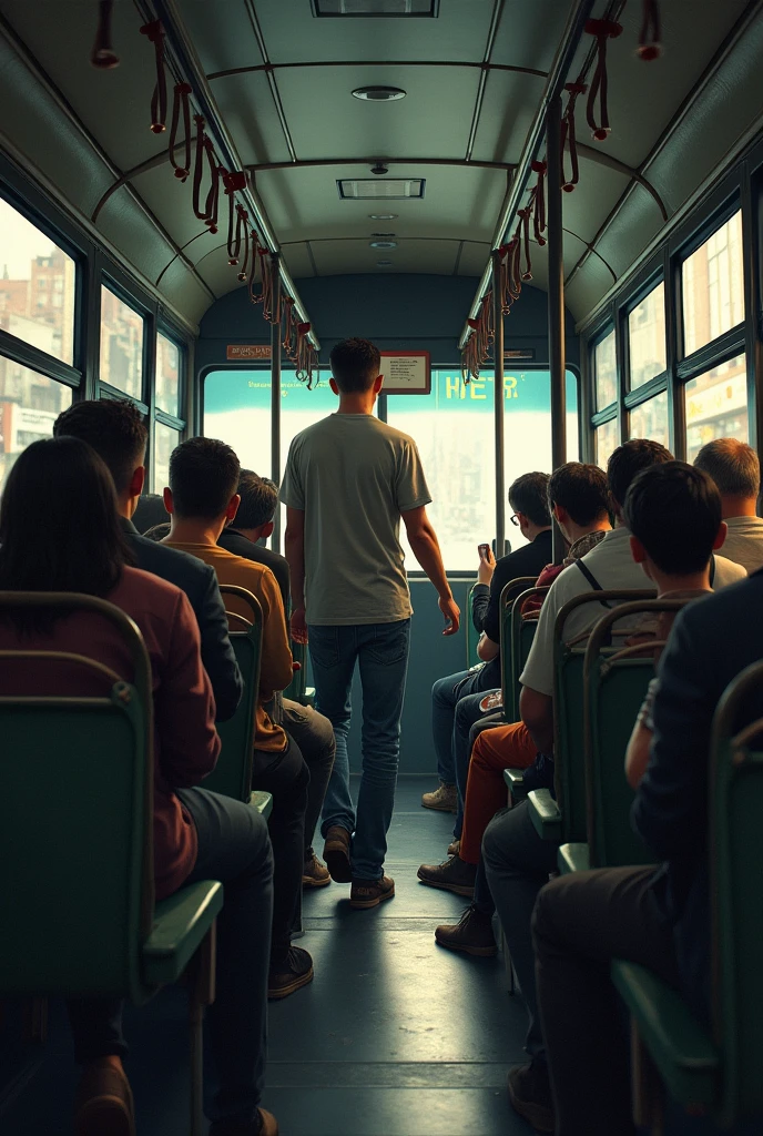 A man entered a bus, people were sitting