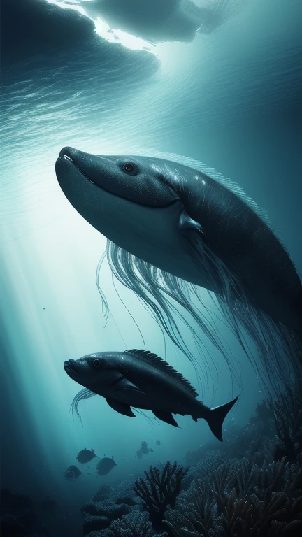 Marine prehistoric animals swim in the depths of the ocean. Large clean jellyfish are swimming around. Nearby there are corals and sea plants. Science fantasy, Dramatic lighting, dramatic fantasy scene, Dark gloomy atmosphere, Detailed textures, Highly detailed, 8K, Cinematic, Award-winning artwork, Digital painting, Conceptual art, Photorealistic, Detailed eyes. Resolution 16K,Nikon Z9, digital photography, ultra textured leather, Realistic photography, Cinematic effect, soft light, soft shadows, high quality volumetric lighting