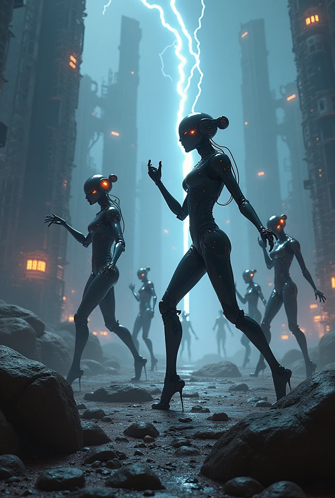 dancing robots on outer complex planet. dark ambience and lightning 8K ABSURD RESOLUTION, MASTERPIECE. PHOTO REALSITIC, HYPER REALISTIC. CHAOTIC BACKGROUND. 16K RESOLUTION. PREFESSIONAL GRADE IMAGE.