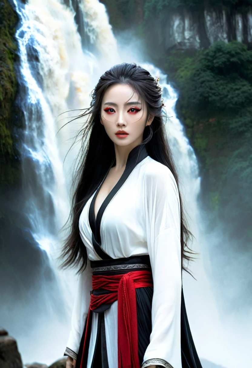 high quality, 8K Ultra HD, Surreal portrait of a stunning woman.
best quality,Extremely detailed,Xianxia,God of Death,Beautiful and delicate eyes,Beautiful and delicate lips,Extremely detailed eyes and face,Flowing long hair,Dark and mysterious atmosphere,Black cape,The red eyes are glowing with a sinister look,The dark sword in hand,A sacred aura emanates from the characters,Martial arts expert,Ancient Chinese Background,Foggy mountains and waterfalls in the background,Mist floating in the air,Dramatic lighting with shadows and highlights,High contrast black and white color scheme,ethereal and otherworldly,A deep and powerful presence,Thunder and lightning in the distant sky,Mythical creatures lurking in the shadows,Majestic and intimidating,Secrets and mysteries hidden in the scenes