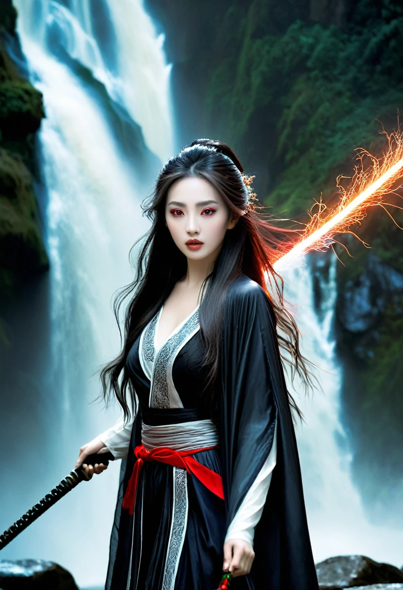 high quality, 8K Ultra HD, Surreal portrait of a stunning woman.
best quality,Extremely detailed,Xianxia,God of Death,Beautiful and delicate eyes,Beautiful and delicate lips,Extremely detailed eyes and face,Flowing long hair,Dark and mysterious atmosphere,Black cape,The red eyes are glowing with a sinister look,The dark sword in hand,A sacred aura emanates from the characters,Martial arts expert,Ancient Chinese Background,Foggy mountains and waterfalls in the background,Mist floating in the air,Dramatic lighting with shadows and highlights,High contrast black and white color scheme,ethereal and otherworldly,A deep and powerful presence,Thunder and lightning in the distant sky,Mythical creatures lurking in the shadows,Majestic and intimidating,Secrets and mysteries hidden in the scenes